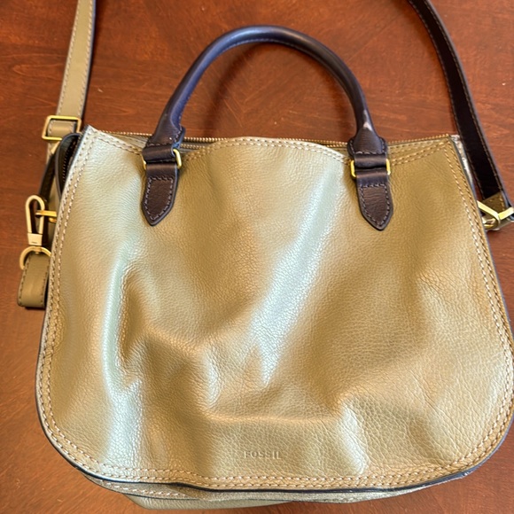 Fossil Olive Navy Dotted Genuine Leather 2-in-1 Satchel Cross Body Bag - Picture 4 of 13